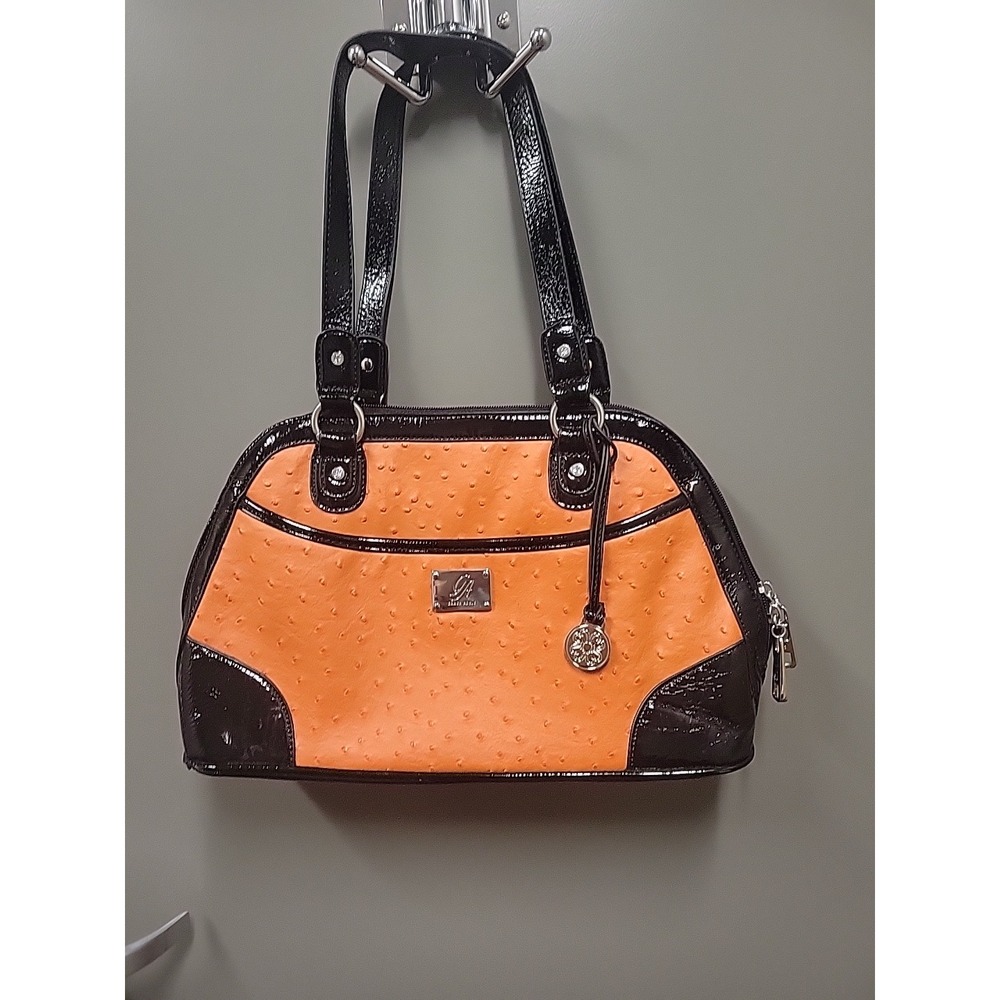 Grace Adele Orange Ostrich Embossed Black Patent Satchel Handbag Flower Charm